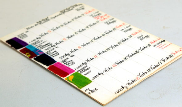 Tygprover med färger cirka 1974. Ur Mah-Jongs arkiv hos Centrum för Näringslivshistoria